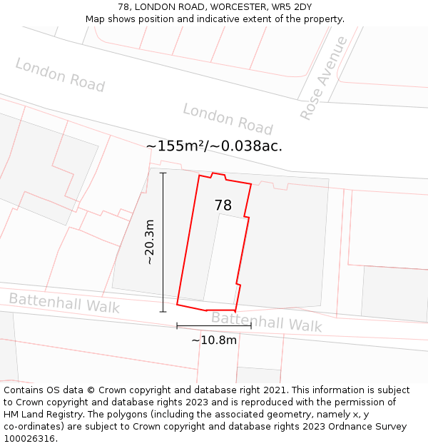 78, LONDON ROAD, WORCESTER, WR5 2DY: Plot and title map