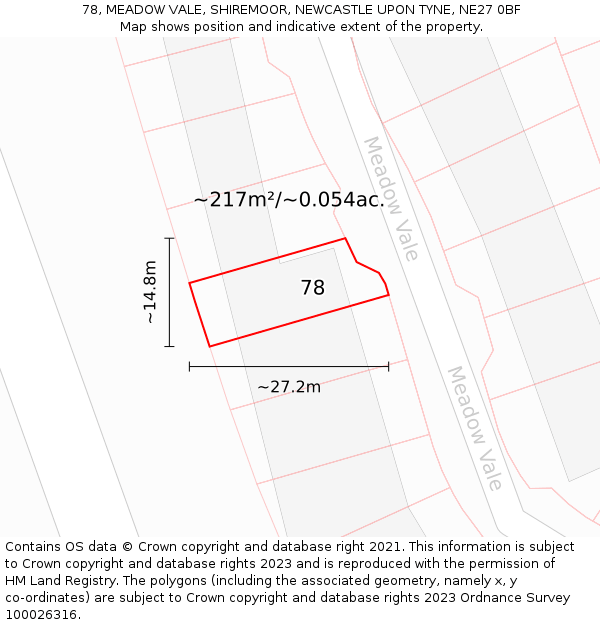 78, MEADOW VALE, SHIREMOOR, NEWCASTLE UPON TYNE, NE27 0BF: Plot and title map