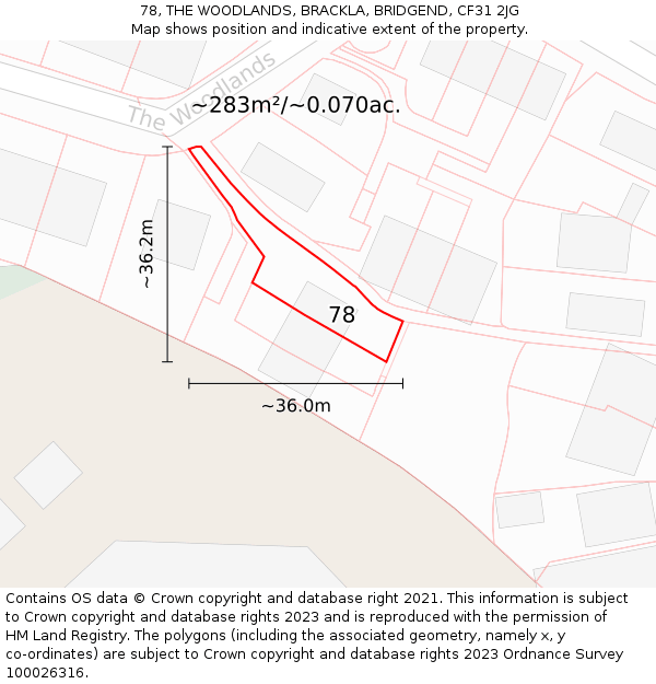 78, THE WOODLANDS, BRACKLA, BRIDGEND, CF31 2JG: Plot and title map