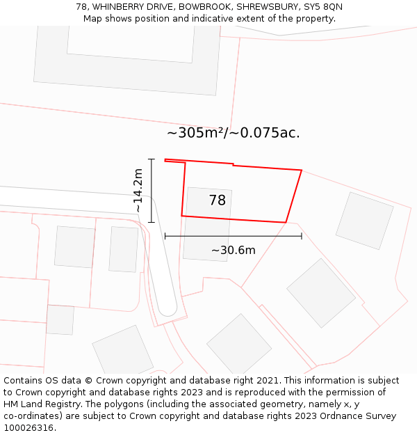 78, WHINBERRY DRIVE, BOWBROOK, SHREWSBURY, SY5 8QN: Plot and title map