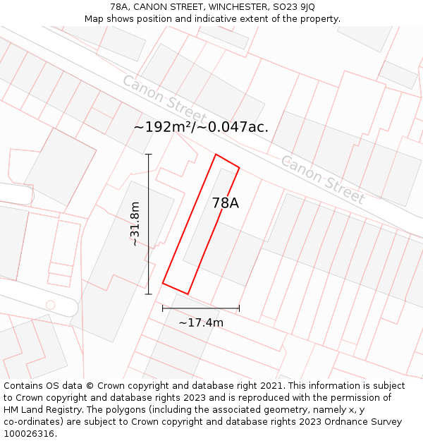 78A, CANON STREET, WINCHESTER, SO23 9JQ: Plot and title map