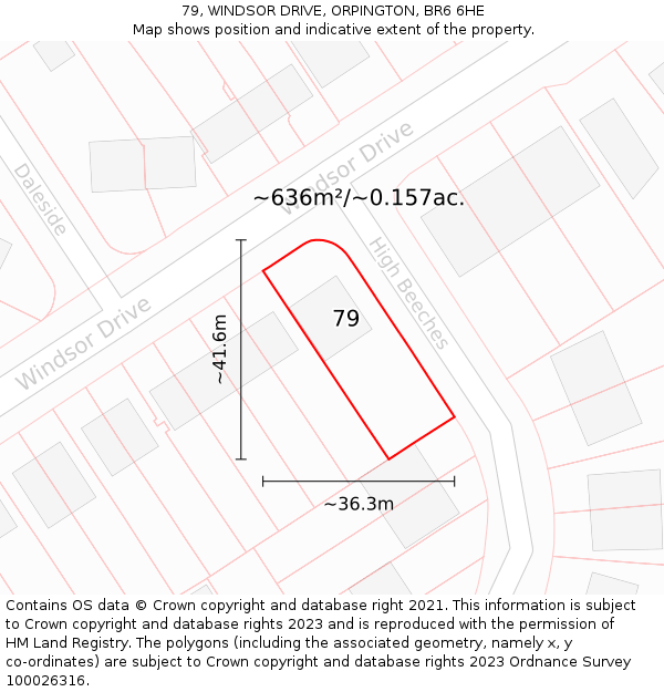 79, WINDSOR DRIVE, ORPINGTON, BR6 6HE: Plot and title map