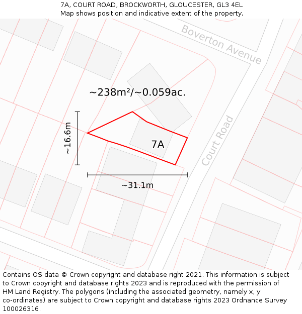 7A, COURT ROAD, BROCKWORTH, GLOUCESTER, GL3 4EL: Plot and title map