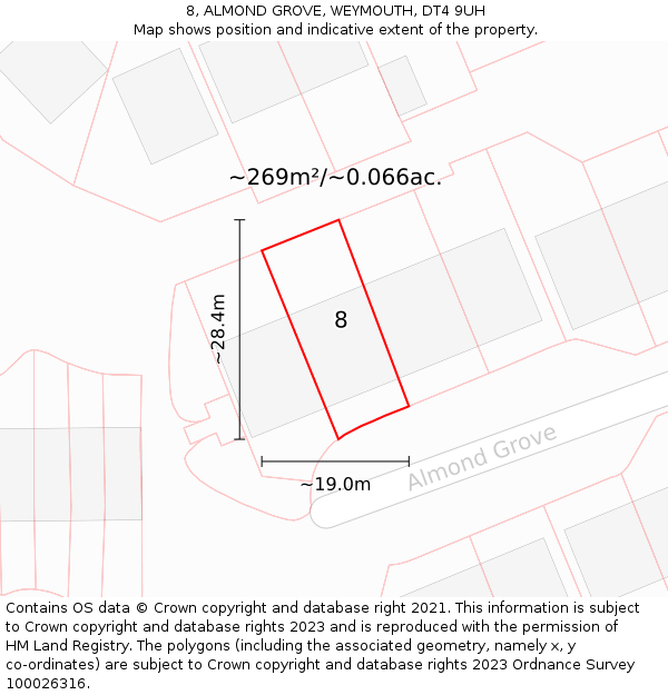 8, ALMOND GROVE, WEYMOUTH, DT4 9UH: Plot and title map