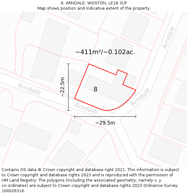 8, ARNDALE, WIGSTON, LE18 3UF: Plot and title map