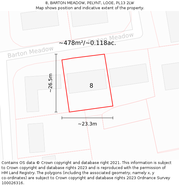 8, BARTON MEADOW, PELYNT, LOOE, PL13 2LW: Plot and title map