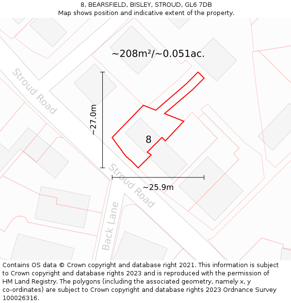 8, BEARSFIELD, BISLEY, STROUD, GL6 7DB: Plot and title map