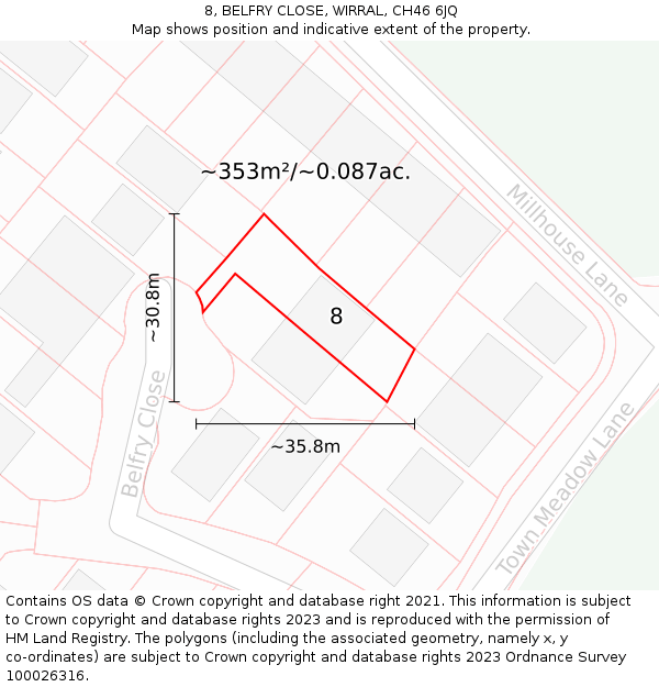 8, BELFRY CLOSE, WIRRAL, CH46 6JQ: Plot and title map