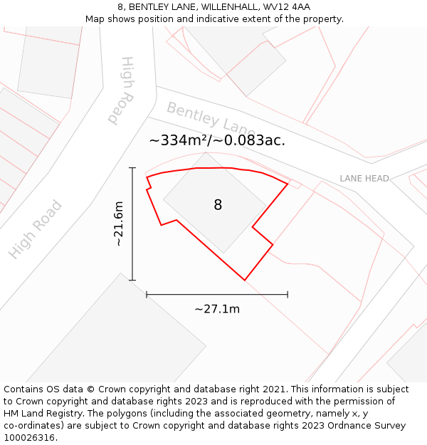 8, BENTLEY LANE, WILLENHALL, WV12 4AA: Plot and title map