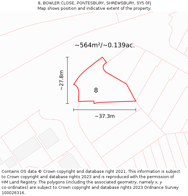 8, BOWLER CLOSE, PONTESBURY, SHREWSBURY, SY5 0FJ: Plot and title map