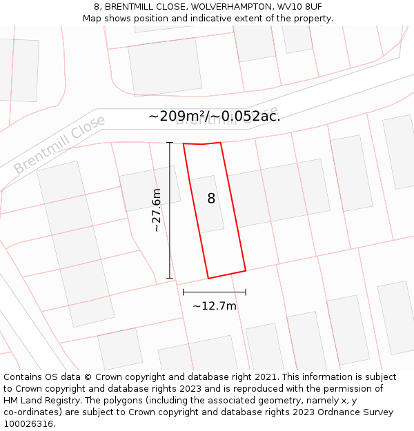 8, BRENTMILL CLOSE, WOLVERHAMPTON, WV10 8UF: Plot and title map