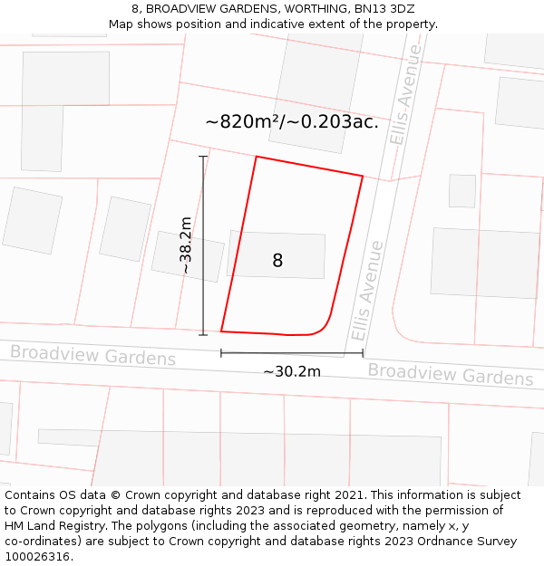 8, BROADVIEW GARDENS, WORTHING, BN13 3DZ: Plot and title map