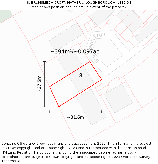 8, BRUNSLEIGH CROFT, HATHERN, LOUGHBOROUGH, LE12 5JT: Plot and title map