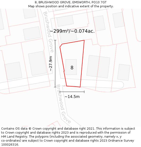 8, BRUSHWOOD GROVE, EMSWORTH, PO10 7GT: Plot and title map