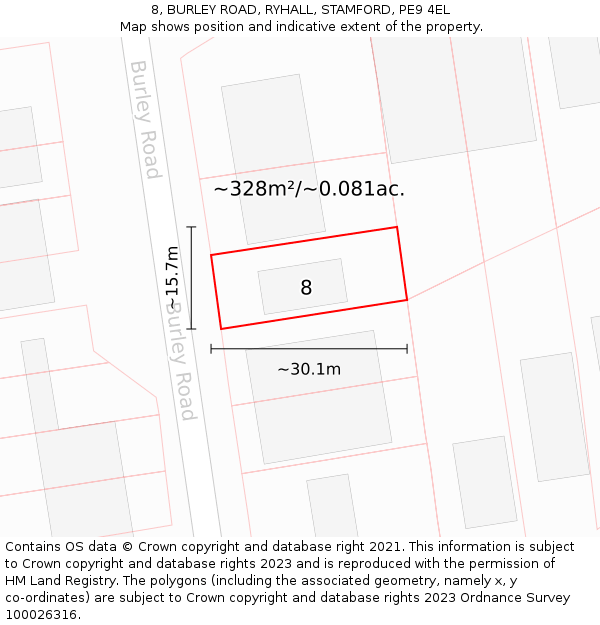 8, BURLEY ROAD, RYHALL, STAMFORD, PE9 4EL: Plot and title map