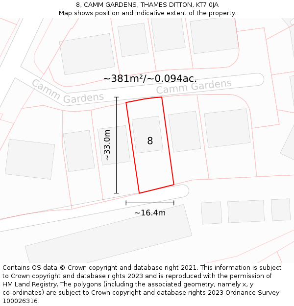 8, CAMM GARDENS, THAMES DITTON, KT7 0JA: Plot and title map