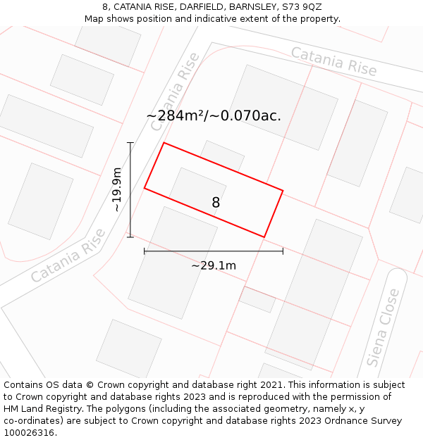 8, CATANIA RISE, DARFIELD, BARNSLEY, S73 9QZ: Plot and title map