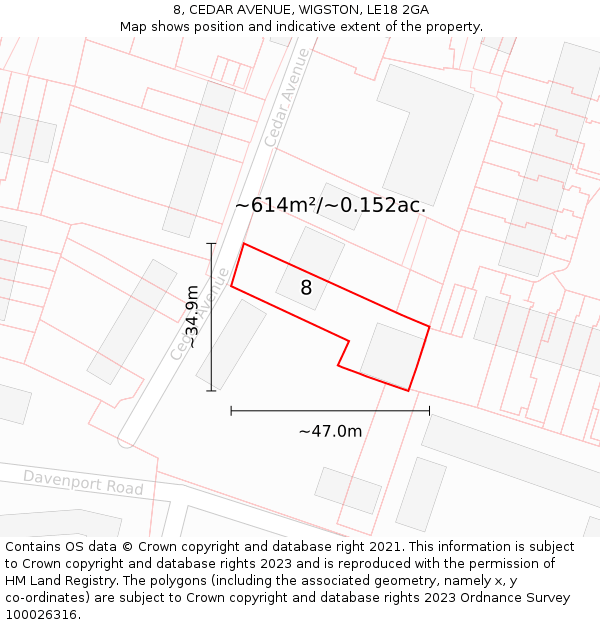 8, CEDAR AVENUE, WIGSTON, LE18 2GA: Plot and title map