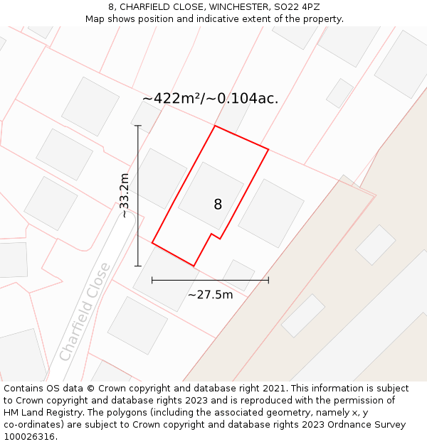 8, CHARFIELD CLOSE, WINCHESTER, SO22 4PZ: Plot and title map