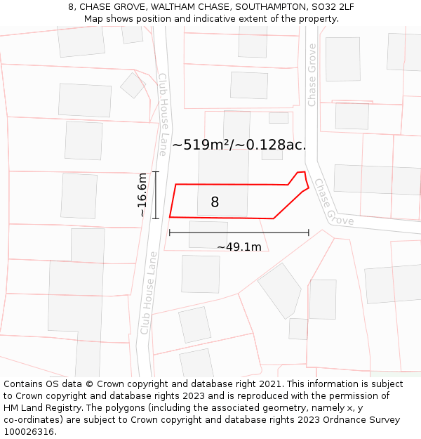 8, CHASE GROVE, WALTHAM CHASE, SOUTHAMPTON, SO32 2LF: Plot and title map