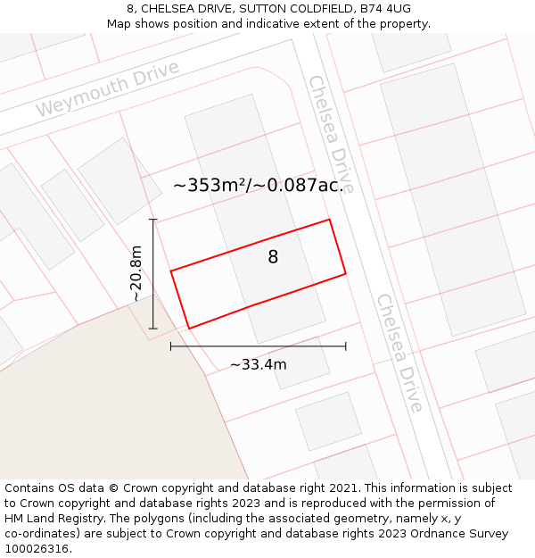 8, CHELSEA DRIVE, SUTTON COLDFIELD, B74 4UG: Plot and title map
