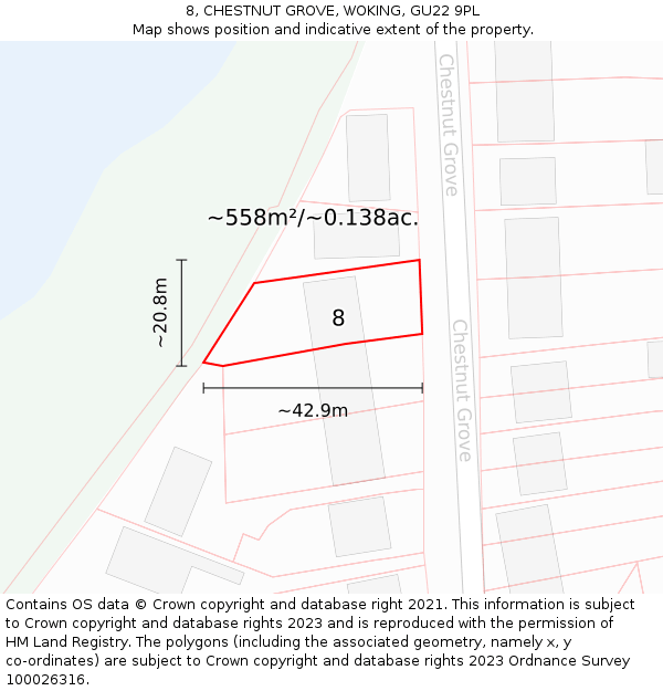 8, CHESTNUT GROVE, WOKING, GU22 9PL: Plot and title map