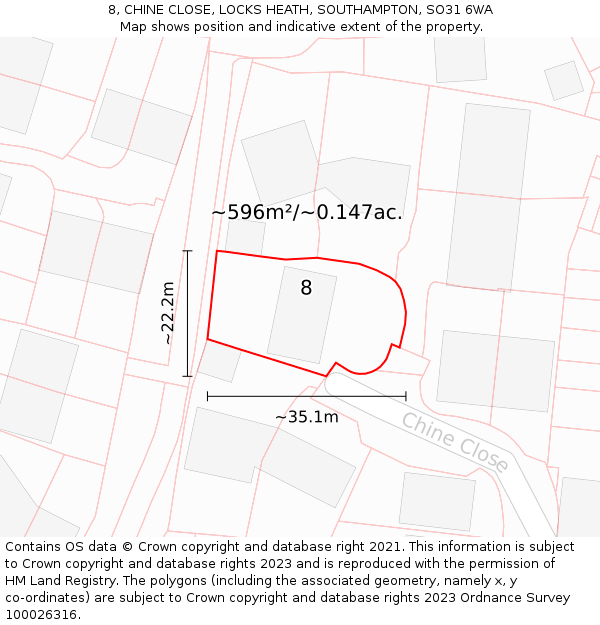 8, CHINE CLOSE, LOCKS HEATH, SOUTHAMPTON, SO31 6WA: Plot and title map