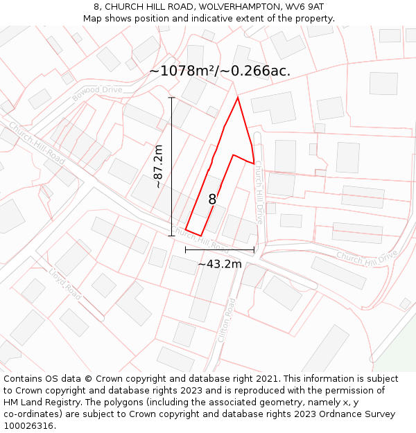 8, CHURCH HILL ROAD, WOLVERHAMPTON, WV6 9AT: Plot and title map