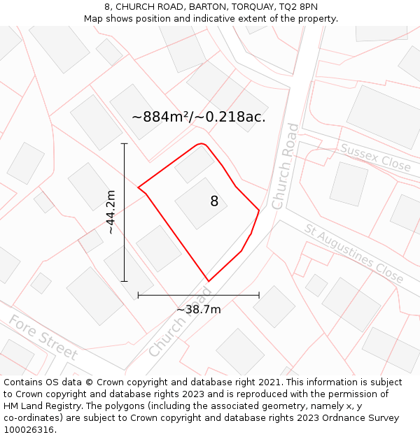 8, CHURCH ROAD, BARTON, TORQUAY, TQ2 8PN: Plot and title map