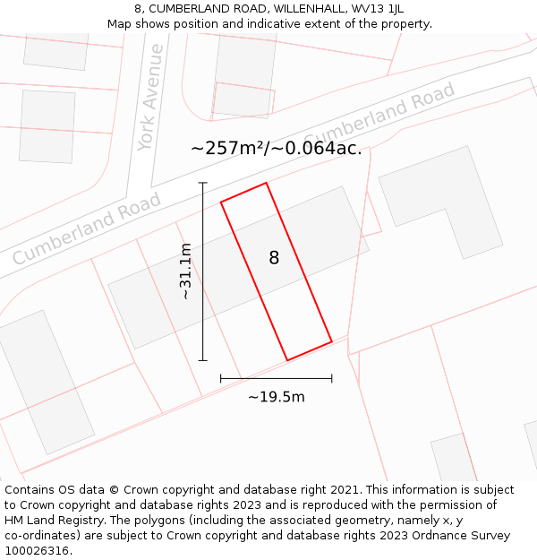 8, CUMBERLAND ROAD, WILLENHALL, WV13 1JL: Plot and title map
