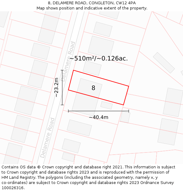 8, DELAMERE ROAD, CONGLETON, CW12 4PA: Plot and title map