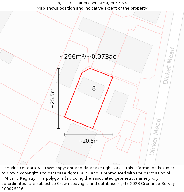 8, DICKET MEAD, WELWYN, AL6 9NX: Plot and title map