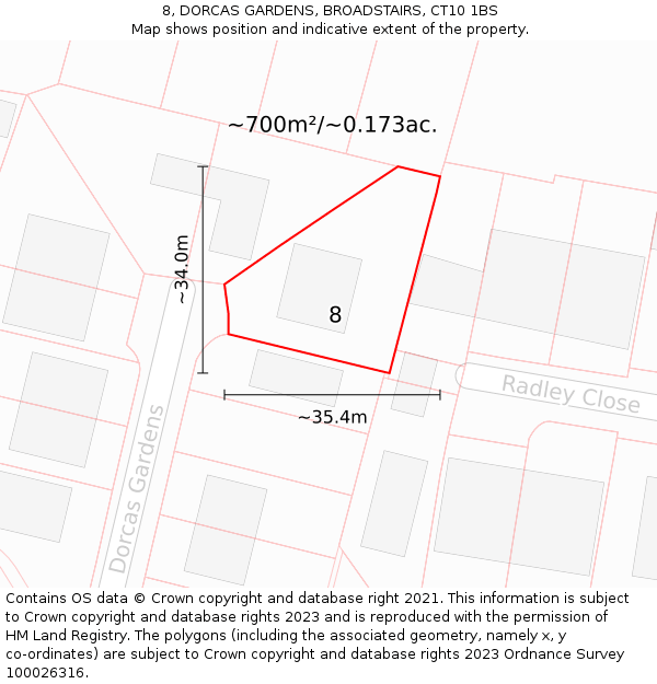 8, DORCAS GARDENS, BROADSTAIRS, CT10 1BS: Plot and title map