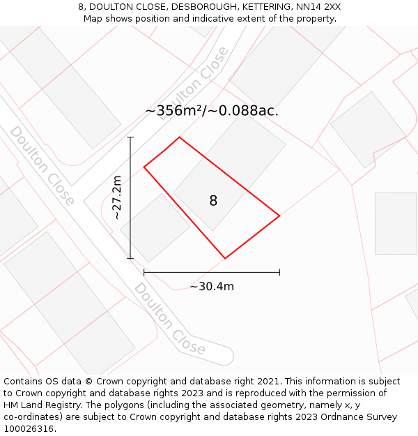 8, DOULTON CLOSE, DESBOROUGH, KETTERING, NN14 2XX: Plot and title map