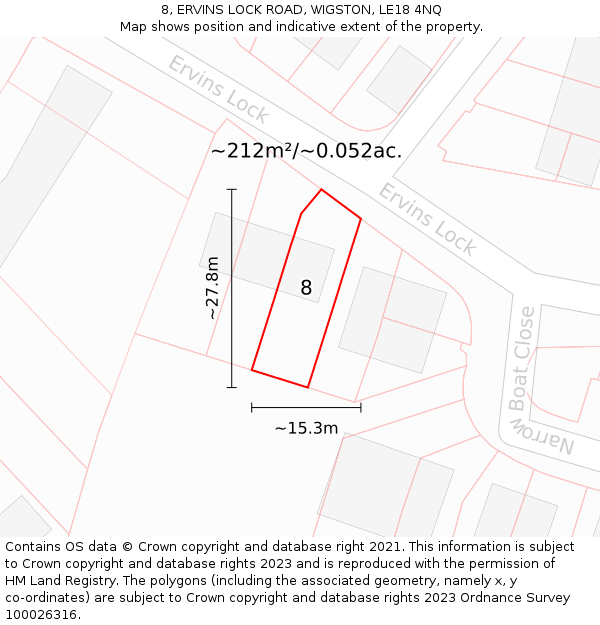 8, ERVINS LOCK ROAD, WIGSTON, LE18 4NQ: Plot and title map