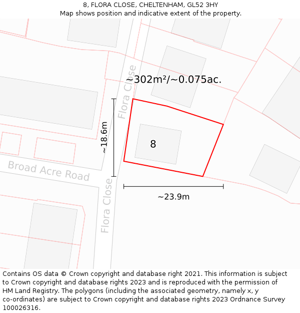 8, FLORA CLOSE, CHELTENHAM, GL52 3HY: Plot and title map