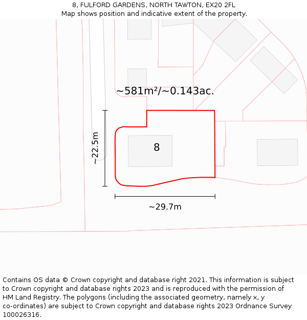 8, FULFORD GARDENS, NORTH TAWTON, EX20 2FL: Plot and title map