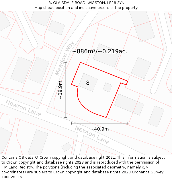 8, GLAISDALE ROAD, WIGSTON, LE18 3YN: Plot and title map