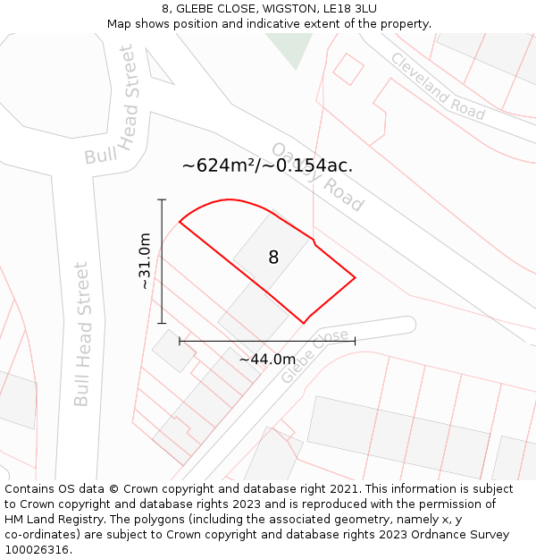 8, GLEBE CLOSE, WIGSTON, LE18 3LU: Plot and title map