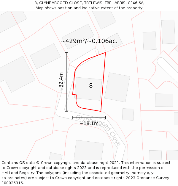 8, GLYNBARGOED CLOSE, TRELEWIS, TREHARRIS, CF46 6AJ: Plot and title map