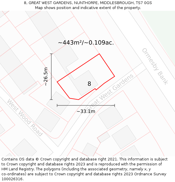 8, GREAT WEST GARDENS, NUNTHORPE, MIDDLESBROUGH, TS7 0GS: Plot and title map