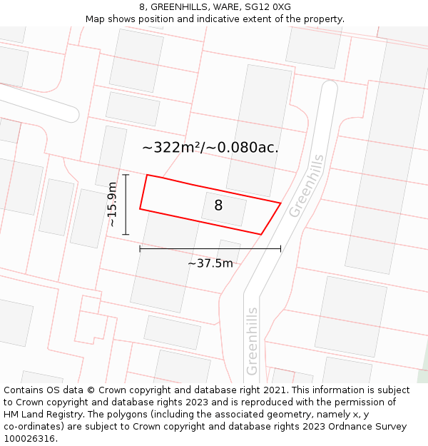 8, GREENHILLS, WARE, SG12 0XG: Plot and title map