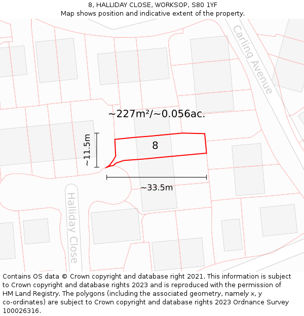 8, HALLIDAY CLOSE, WORKSOP, S80 1YF: Plot and title map