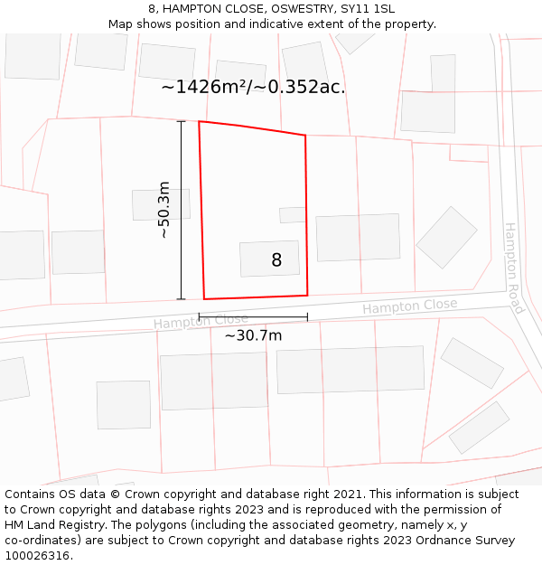 8, HAMPTON CLOSE, OSWESTRY, SY11 1SL: Plot and title map