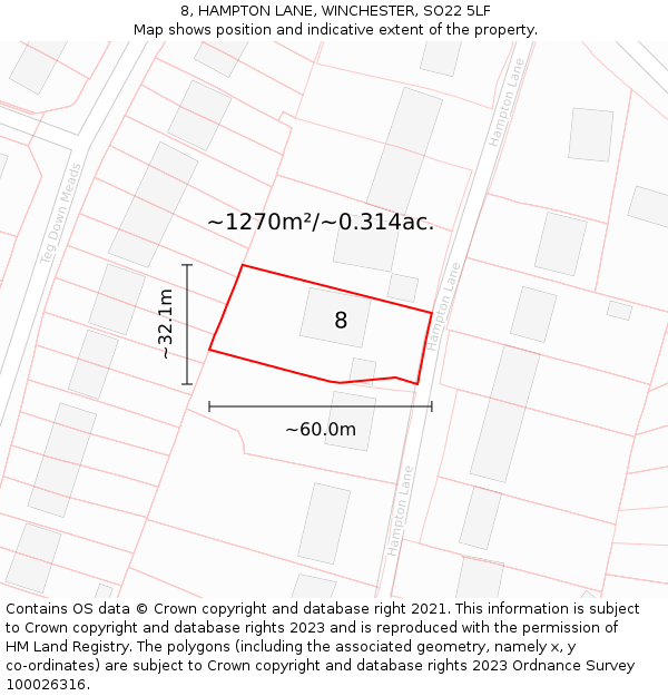 8, HAMPTON LANE, WINCHESTER, SO22 5LF: Plot and title map