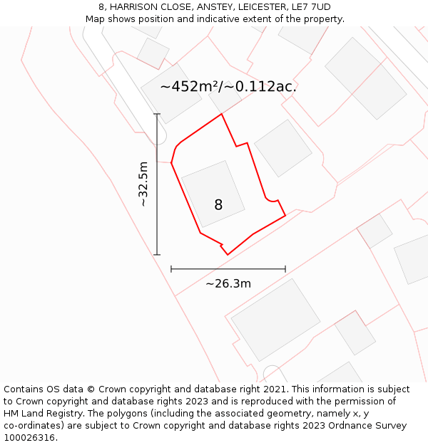 8, HARRISON CLOSE, ANSTEY, LEICESTER, LE7 7UD: Plot and title map