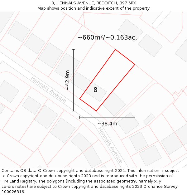 8, HENNALS AVENUE, REDDITCH, B97 5RX: Plot and title map