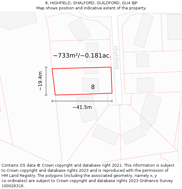 8, HIGHFIELD, SHALFORD, GUILDFORD, GU4 8JP: Plot and title map