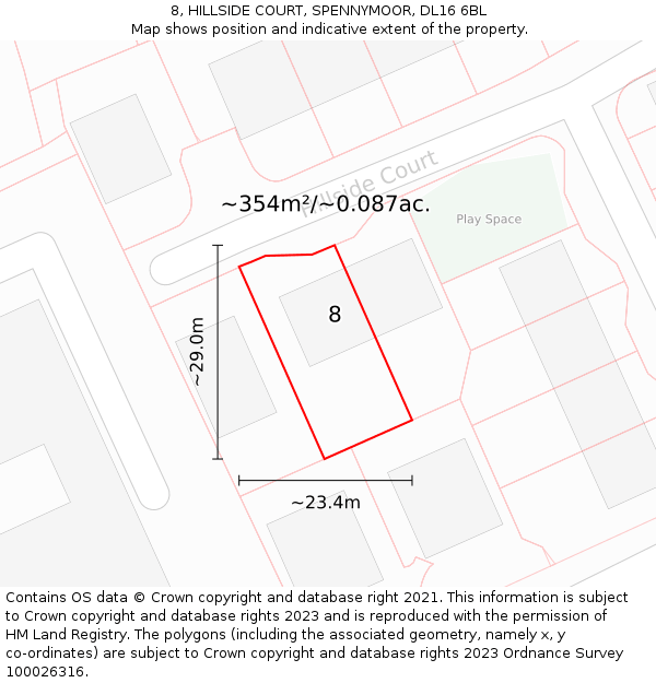 8, HILLSIDE COURT, SPENNYMOOR, DL16 6BL: Plot and title map