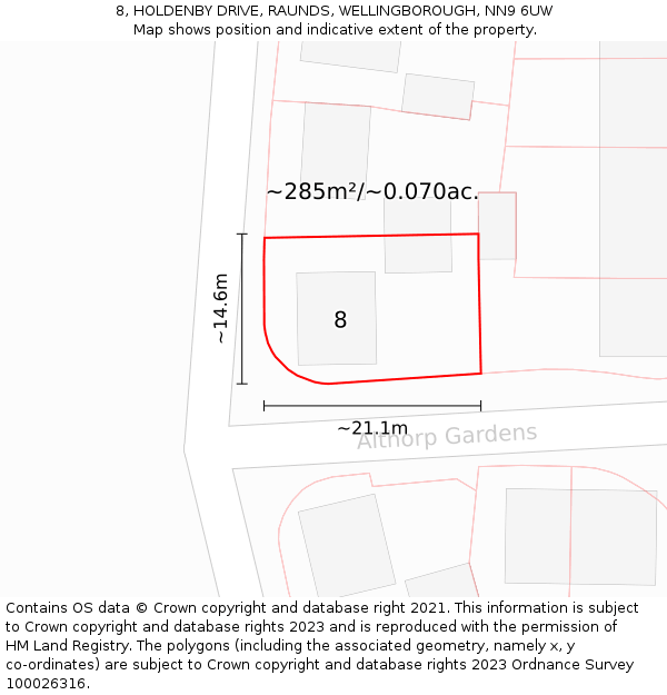 8, HOLDENBY DRIVE, RAUNDS, WELLINGBOROUGH, NN9 6UW: Plot and title map